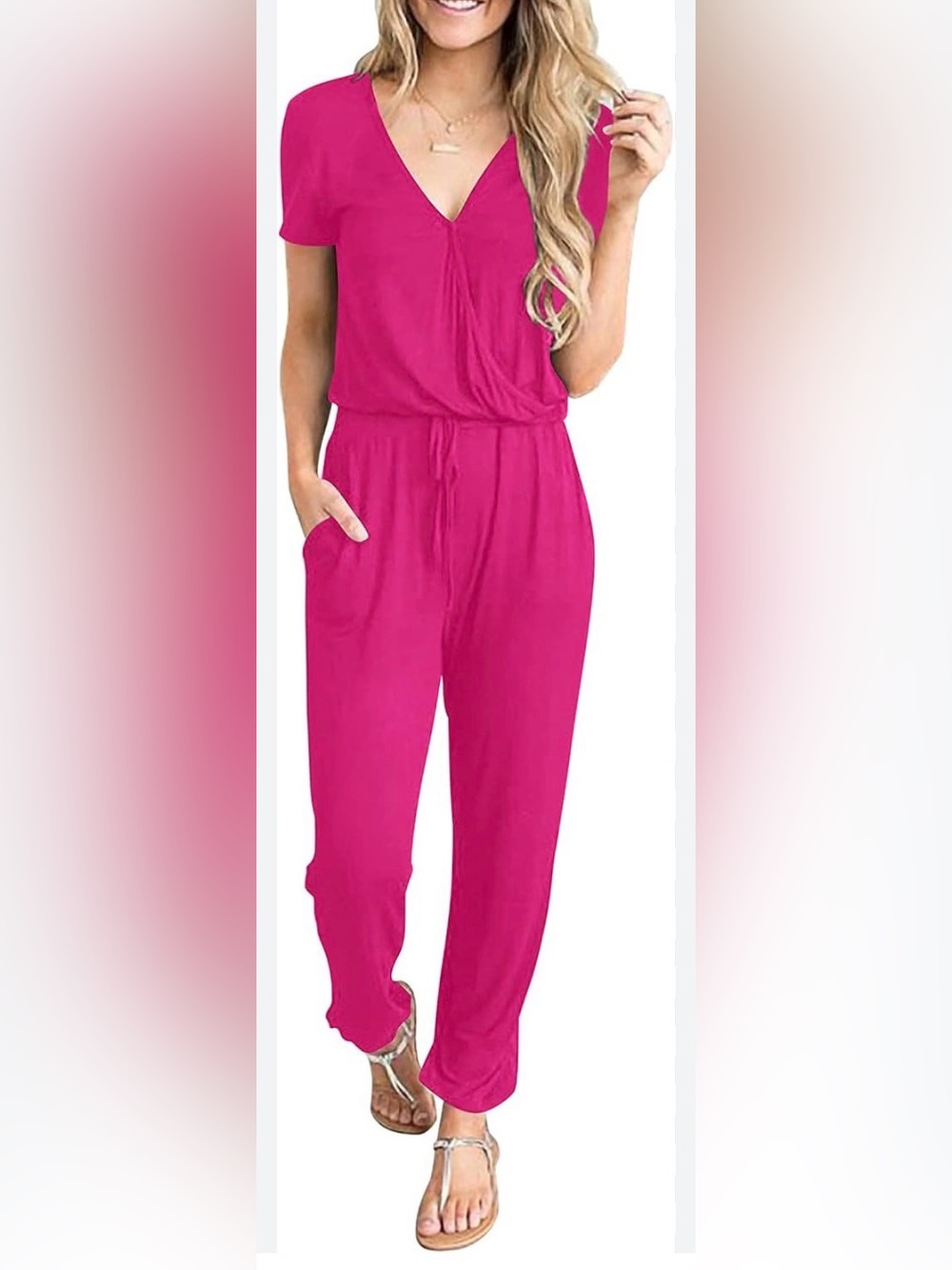 Pretty garden Women's Casual Drawstring Jumpsuit - Hot Pink